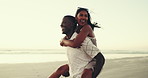 Piggy back, beach and couple with love, travel and bonding together with relationship. People, seaside and ocean with smile, man carry woman and marriage with honeymoon, cheerful and tropical island