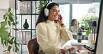 Headphones, dance and businesswoman in office with computer for creative project listening to music. Technology, audio tech and female critic editor working online with streaming album for review.