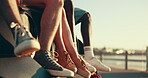 Relax, travel and feet of friends on road trip for adventure, solidarity and spring break vacation. Resting, peace and sightseeing with closeup of people legs outdoor for group holiday and bonding