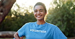 Woman, volunteer or face in nature with confidence, NGO about us or pride for community service. Happy, helper or outdoor in portrait for social responsibility, environment care or green project
