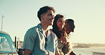 Road trip, friends and view of beach, car and happiness for sightseeing in nature, summer or outdoor. Travel, tourist and people with smile for adventure, journey and bonding on vacation or transport