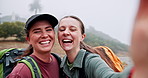 Face, friends and selfie for hiking outdoor of photography, adventure vlog and social media post. People, laugh and recording video of live stream, profile picture update and travel journey in nature