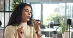 Phone call, voice message or woman in office for planning, schedule, creative journalism or article source. Recording, writer or journalist with mobile speaker for appointment, contact or discussion