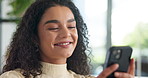 Thinking, phone and woman in office with communication, networking or social media on mobile app. Happy, cellphone and female creative editor with decision for online contact for texting in workplace