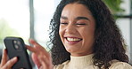 Phone, laughing and businesswoman in office with communication, contact or networking on mobile app. Technology, reading and magazine editor with reviews online with cellphone for publishing project.