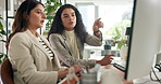 Teamwork, colleagues and women with computer, office and planning for project on web and discussion. Public relations, media manager and people with tech for research, collaboration and brainstorming