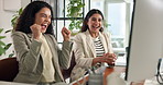 Team, business women and celebration by computer for success in office, goal and milestone. Excited workers, cheers and high five for achievement with promotion, winning and project funding approval