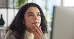 Thinking, computer or businesswoman in accounting office for finance spreadsheet or payroll system. Financial ideas, review or accountant problem solving for bookkeeping solution or budget funding