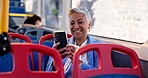 Business, woman and travel with phone on bus for communication, social media and public transport. Mature passenger, laugh and mobile for reading funny blog, work schedule and notification for update