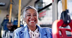 Face, business and woman on bus for travel safety, public transport and waiting on destination stop. Portrait, mature person and passenger laugh for morning commute, vehicle trip and journey to work
