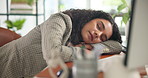 Sleeping, tired and business woman in office for resting, dreaming and nap at desk for overtime. Professional, worker and person with fatigue, exhausted and burnout for for deadline, work and job