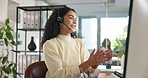 Happy woman, consultant and talking with headset on mic at call center for online advice or communication. Female person, agent or virtual assistant with smile on computer for customer service or CRM