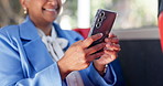 Hands, woman and travel with phone on bus for communication, social media and public transport. Mature passenger, laugh and mobile for reading funny blog, business schedule and notification of update