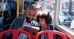 Tablet, travel and businessman on bus for child, morning commute and online games for journey. Digital technology, public transport and passenger on app for class schedule, entertainment or learning