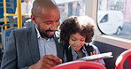 Tablet, travel and businessman on bus for kid, morning commute and online games for journey. Digital technology, public transport and passenger on app for class schedule, entertainment or learning