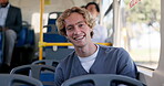 Face, person and nurse on bus for travel safety, public transport and waiting for destination stop. Portrait, medical man and passenger laughing for morning commute, vehicle trip and journey to work