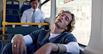 Nurse, tired and man with sleeping on bus for shift fatigue, morning commute and overworked. Healthcare, professional and exhausted on public transport for burnout, mental health or resting by window