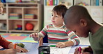 Children, school and playing with toys for collaboration, learning and development in classroom. Kids, art and motor skills for growth, education and creative student group with animals and colors