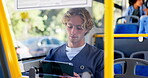 Bus, nurse and person commute on tablet for communication, social media and public transport. Man, passenger or digital for reading medical report, work schedule and notification of healthcare update