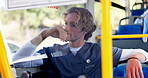 Thinking, person and nurse on bus in city of travel journey, public transport and wait on destination stop. Man, window and reflection thoughts of morning traffic, commute ideas and location decision