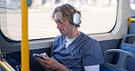 Headphones, travel and nurse with phone in bus for streaming song, commute and journey. Music, passenger and man in public transport for listening to medical podcast, sound or healthcare audio online