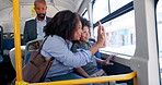 Mother, wave and kid travel on bus with window, city commute and sightseeing adventure. Bonding, woman and curious son on public transport for family trip, discussion or journey on weekend break