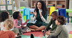 Woman, teacher and learning with kids in nursery for fun activity, education or social interaction at kindergarten. Female person, educator or instructor with children in sing along, class or school