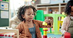 Kid, student and stack blocks in classroom for learning, problem solving and creative activity. Surprise, child and building toys with education game, puzzle solution and motor growth in kindergarden