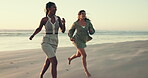 Holiday, friends and women with running by beach for travel adventure, freedom and vacation celebration. Happy, people and fun weekend by sea for tropical getaway, bonding or trip support with energy