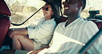 Friends, people and happy on backseat of car for road trip, travel adventure and holiday journey. Sunglasses, man and woman with conversation in vehicle for weekend drive, vacation getaway or bonding