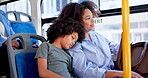 Sleeping, child and mother in bus with tired, travel and public transport with fatigue or dreaming son. Commuting, woman and love for kid in vehicle, exhausted or nap for boy with mom and journey