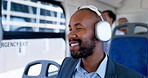 Man, headphones and relax with music in bus for travel, audio streaming or commute in city. Business person, sound and smile with podcast in vehicle for public transportation or tourism in urban town