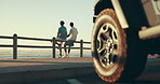 Friends, road trip and men talking by beach for bonding, conversation and communication. Relax, nature and people with car for hangout, chill and chatting on holiday, vacation and weekend outdoors