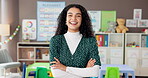 Happy woman, face and kindergarten teacher with confidence in classroom for childhood development. Portrait female person or educator with smile or arms crossed for youth, growth or elementary school