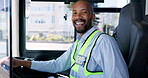 Bus driver, face and man with public transportation, commute and traffic. Happy person, portrait and employee for city, smile and morning route for pickup, urban journey or service in New York