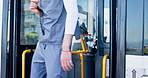 People, exit and bus open in city for public transport, morning commute and location of urban stop. Passengers, enter or vehicle arrival for travel, boarding terminal and sidewalk for journey to work
