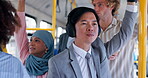 Business, man and travel on bus with headphones for music playlist, morning commute or journey to work. Professional, passenger or listening to radio track in public transport for ride audio or sound