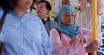 Travel, watch and business with Muslim woman on bus for public transportation, metro transit and journey. Passenger, time and urban shuttle with people for destination, vehicle and traffic delay