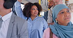 Travel, commuter and business woman on bus for public transportation, metro transit and journey. Passenger, crowd and urban shuttle with people on trip for destination, vehicle and company location