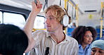 Man, headphones and music on bus with travel, commute and dance to audio tech in vehicle. Energy, moving and male person on public transportation with listening to song for journey in morning