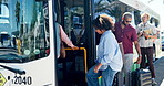 People, walking and boarding bus door for public transportation, travel or local commute in city. Group, passengers or civilians getting in vehicle for road trip, journey or service in an urban town