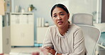 Woman, doctor and listen for checkup in office for medical report, symptoms and treatment notes. Person, consultation and writing prescription for healthcare advice, information and diagnosis results