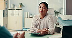 Woman, doctor and tablet for checkup in office for medical report, symptoms and feedback of treatment. Person, laugh and talk with digital for healthcare visit, online results and advice of diagnosis
