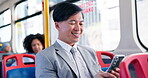 Business, man and travel with phone on bus for communication, social media and public transport. Male passenger, laughing and mobile for reading funny blog, work schedule and notification for message