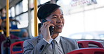 Phone call, bus and business man talk for travel, journey and morning commute. Employee, public transport and person on mobile for conversation, communication and happy passenger with story or news