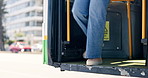 People, legs and walking with bus door for drop off, stop or public transportation in city. Closeup, commute or civilians in an urban town for road trip destination, location or travel service