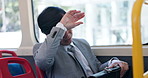 Bus, stress and businessman with sweat for commute, anxiety and late to work in city. Public transport, passenger and nervous for missed appointment, schedule and traffic in town for morning travel