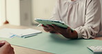 Hands, doctor and talk with tablet in office for medical report, symptoms checklist and treatment. Patient, consultation and digital for healthcare record, results update and information of diagnosis