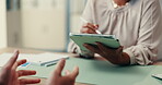 Hands, doctor and typing on tablet in office for medical report, symptoms checklist and treatment. Patient, consultation and digital for healthcare record, results update and information of diagnosis