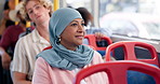 Muslim, woman and thinking for travel on bus, reflection or memory with mature passenger on public transportation. Commute, journey or trip in city with female person in hijab thoughtful on drive